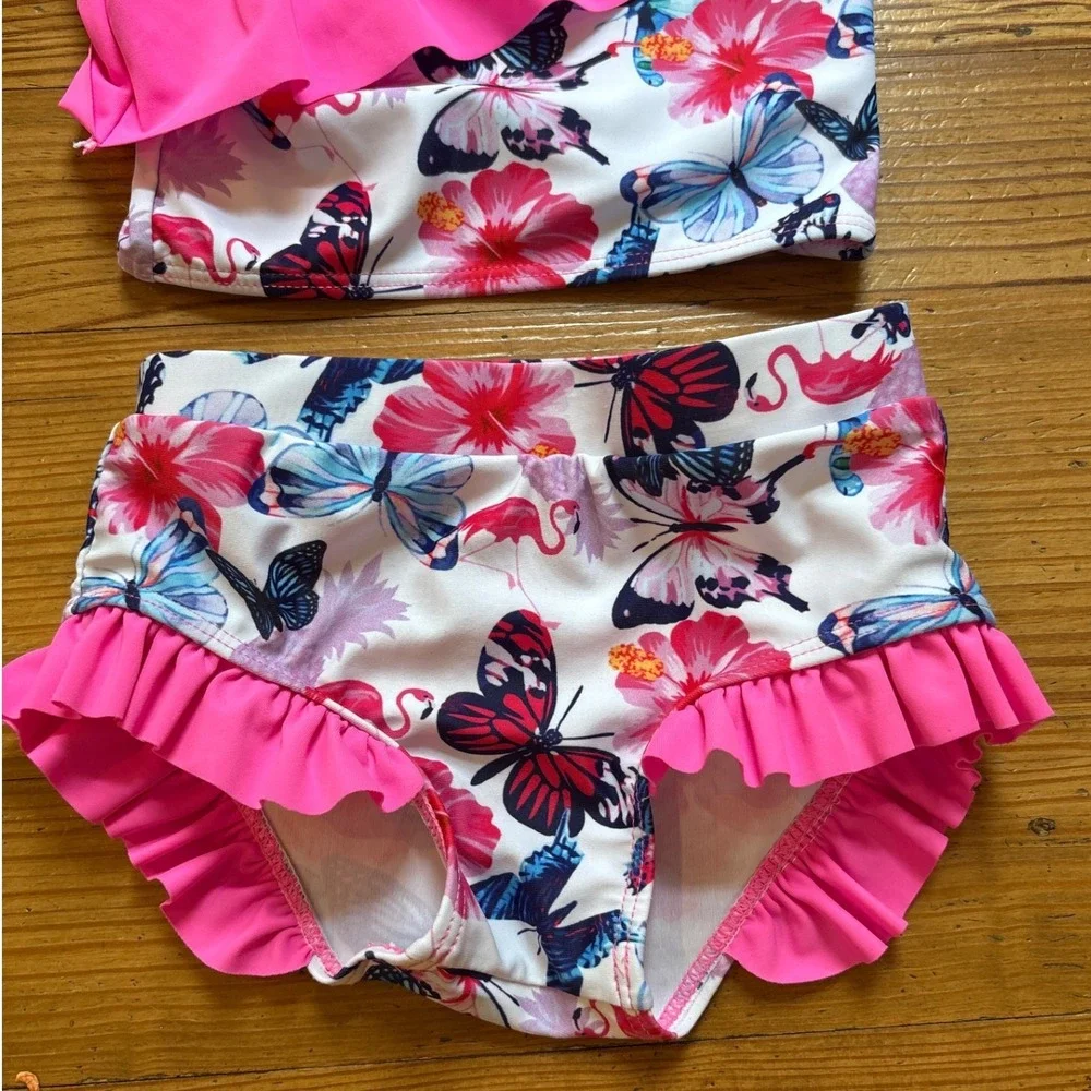 Two Piece Swimsuit Kids Pink Tropical Butterfly Ruffle SIZE 3Y‎